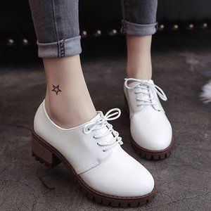 White Lace Up Chunky Heel PU Leather Oxfords, NEW